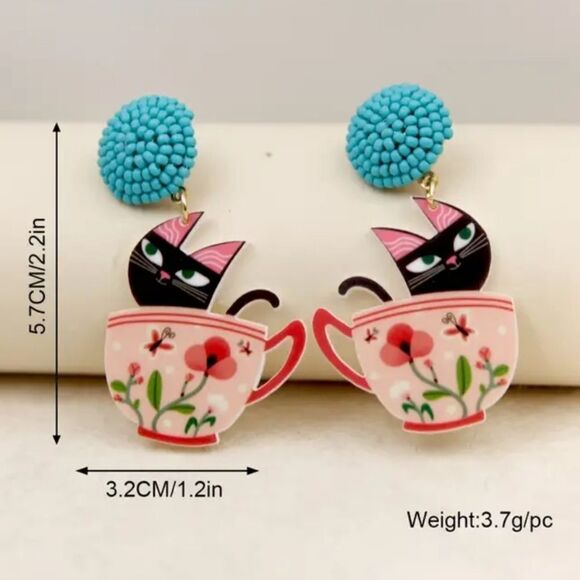 14K BLACK CAT IN COFFEE CUP fun cute whimsical kawaii novelty earrings - Picture 2 of 6